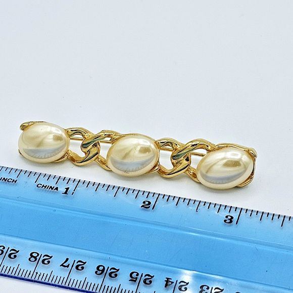 Faux Pearl Bar Brooch Vintage Gold Tone Links Elegant Statement Jewelry Pin - Picture 7 of 8